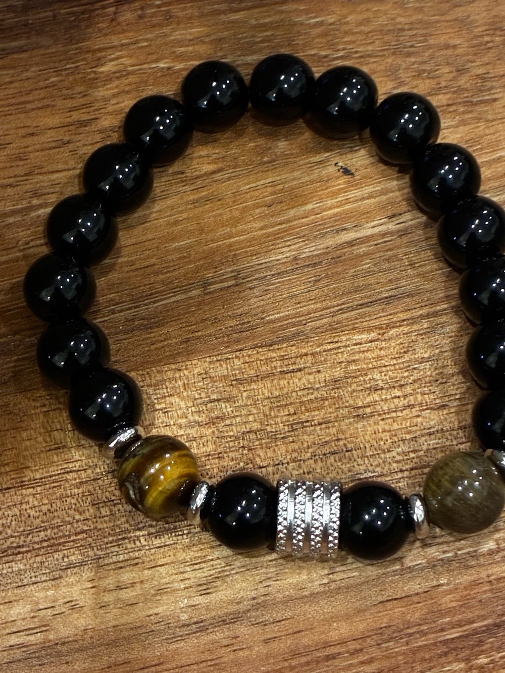 Men's Black Beaded Stretch Bracelet with Silver Accents 18.5cms-19.5cms